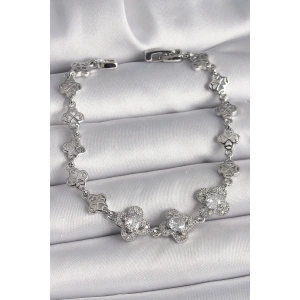 Pirinç Gümüş Renk Zirkon Taşlı Yonca Model Kadın Bileklik