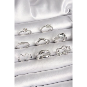 Pirinç Gümüş Renk Zirkon Taşlı Zincir Model Detay Kadın Yüzük Kombini - TJ-BYK3647