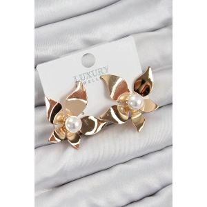 Pirinç İnci Detaylı Çiçek Model Gold Renk Kadın Küpe - TJ-BKP11031