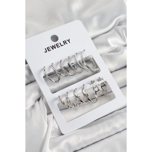 Pirinç Karışık Halka Model Gümüş Renk 6 Çift Kadın Küpe Set