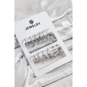 Pirinç Karışık Halka Model Gümüş Renk 6 Çift Kadın Küpe Set - TJ-BKP10877