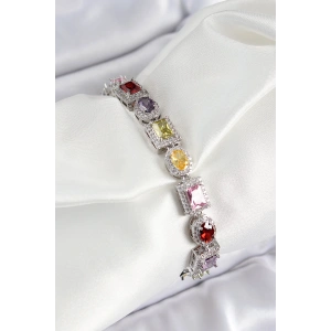 Pirinç Karışık Zirkon Taşlı Baget Model Gümüş Renk VIP Seri Kadın Bileklik - TJ-BB7503