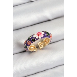 Pirinç Mor Mineli Çiçek Motifli Gold Renk Ayarlanabilir Kadın Yüzük - TJ-BYK3803