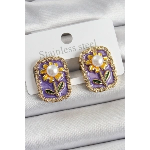 Pirinç Mor Mineli Papatya Figürlü Sanatsal Portre Model Gold Renk Kadın Küpe - TJ-BKP10688