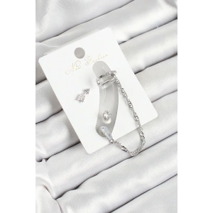 Pirinç Ok Figürlü Zirkon Taşlı Gümüş Renk 3lü Kıkırdak Kadın Küpe Set