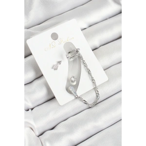 Pirinç Ok Figürlü Zirkon Taşlı Gümüş Renk 3lü Kıkırdak Kadın Küpe Set - TJ-BKP10663