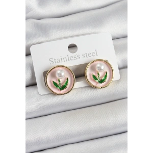 Pirinç Pembe Mineli Lale Figürlü Sanatsal Portre Model Gold Renk Kadın Küpe - TJ-BKP10674