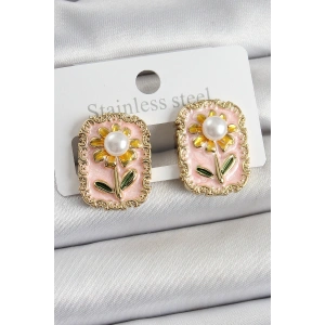 Pirinç Pembe Mineli Papatya Figürlü Sanatsal Portre Model Gold Renk Kadın Küpe - TJ-BKP10687