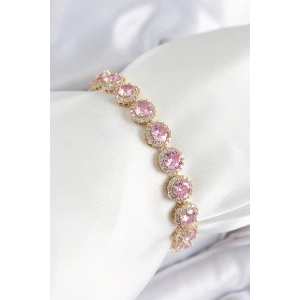 Pirinç Pembe Zirkon Taşlı Daire Baget Model Gold Renk VIP Seri Kadın Bileklik - TJ-BB7512