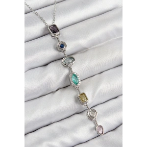 Pirinç Renkli Zirkon Taşlı Model Gümüş Renk 7 Element Kadın Y Kolye