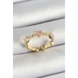 Pirinç Sıralı Kalp Figürlü Zirkon Taşlı Gold Renk Ayarlanabilir Kadın Yüzük