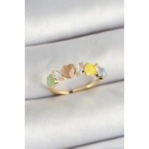 Pirinç Sıralı Kalp Figürlü Zirkon Taşlı Gold Renk Ayarlanabilir Kadın Yüzük - TJ-BYK3754