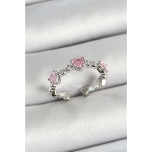 Pirinç Sıralı Kalp Figürlü Zirkon Taşlı Gümüş Renk Ayarlanabilir Kadın Yüzük - TJ-BYK3757