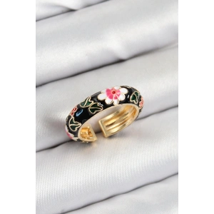 Pirinç Siyah Mineli Çiçek Motifli Gold Renk Ayarlanabilir Kadın Yüzük - TJ-BYK3805