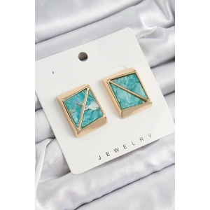 Pirinç Turkuaz Üçgen Kesim Detaylı Kare Model Vintage Gold Renk Kadın Küpe - TJ-BKP10873