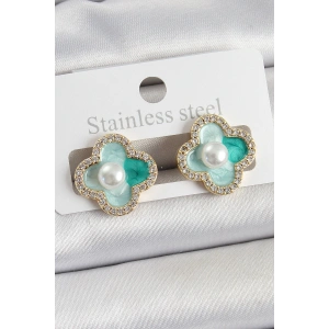 Pirinç Yeşil Mineli İnci Detaylı Zirkon Taşlı Sanatsal Portre Yonca Model Gold Renk Kadın Küpe - TJ-BKP10681