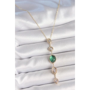 Pirinç Zincir Zümrüt Yeşil Gold Renk Zirkon Taşlı Y Kolye - TJ-BKO10229