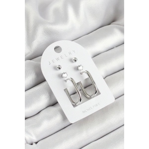 Pirinç Zirkon Taş Ve Dikdörtgen Figürlü Gümüş Renk 3lü Çift Kadın Küpe Set