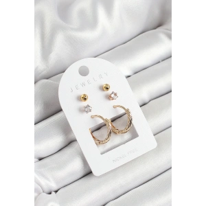 Pirinç Zirkon Taş Ve Halka Figürlü Gold Renk 3lü Çift Kadın Küpe Set