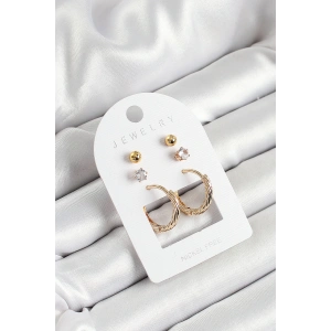Pirinç Zirkon Taş Ve Halka Figürlü Gold Renk 3lü Çift Kadın Küpe Set - TJ-BKP10652