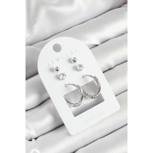 Pirinç Zirkon Taş Ve Halka Figürlü Gümüş Renk 3lü Çift Kadın Küpe Set - TJ-BKP10646