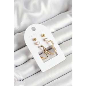 Pirinç Zirkon Taş Ve Kalp Figürlü Gold Renk 3lü Çift Kadın Küpe Set - TJ-BKP10650