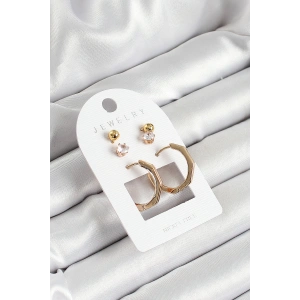 Pirinç Zirkon Taş Ve Kemik Halka Figürlü Gold Renk 3lü Çift Kadın Küpe Set - TJ-BKP10654