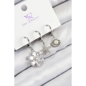 Pirinç Zirkon Taşlı 3lü Çiçek Ve İstiridye Model Gümüş Renk Kadın Küpe - TJ-BKP11129