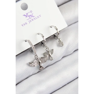 Pirinç Zirkon Taşlı 3lü Kuş Model Gümüş Renk Kadın Küpe