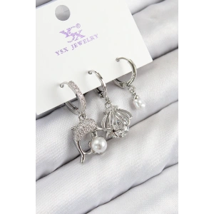 Pirinç Zirkon Taşlı 3lü Yunus Balığı Ve İstiridye Model Gümüş Renk Kadın Küpe