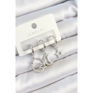 Pirinç Zirkon Taşlı Ay Ve Yıldız Model Gümüş Renk 3lü Çift Kadın Küpe Set - TJ-BKP10797