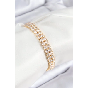 Pirinç Zirkon Taşlı Çift Sıra Kare Model Gold Renk Asansörlü Kadın Bileklik - TJ-BB7731