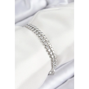 Pirinç Zirkon Taşlı Çift Sıra Model Gümüş Renk Asansörlü Kadın Bileklik - TJ-BB7738