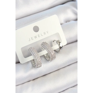 Pirinç Zirkon Taşlı Damla Model Gümüş Renk 3lü Çift Kadın Küpe Set - TJ-BKP10805