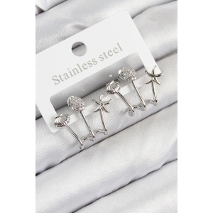 Pirinç Zirkon Taşlı Deniz Yıldızı ve İstiridye Model Gümüş Renk Kadın Küpe - TJ-BKP11104