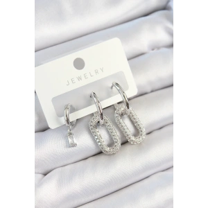 Pirinç Zirkon Taşlı Dikdörtgen Model Gümüş Renk 3lü Çift Kadın Küpe Set - TJ-BKP10796