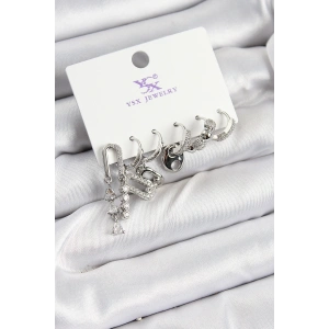 Pirinç Zİrkon Taşlı Dikdörtgen Model Gümüş Renk 3lü Çift Kadın Küpe - TJ-BKP10954