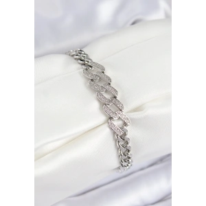 Pirinç Zirkon Taşlı Ezme Küba Zincir Model Gümüş Renk Kadın Bileklik