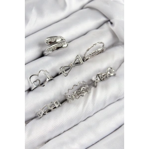 Pirinç Zirkon Taşlı Fiyonk Ve Kalp Model Gümüş Renk Kadın Yüzük Kombin Set - TJ-BYK3822