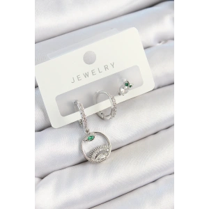 Pirinç Zirkon Taşlı Göz Ve Baykuş Model Gümüş Renk 3lü Çift Kadın Küpe Set - TJ-BKP10795