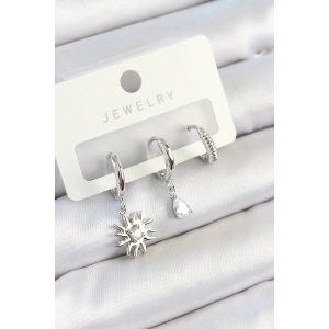Pirinç Zirkon Taşlı Güneş Model Gümüş Renk 3lü Çift Kadın Küpe Set - TJ-BKP10799