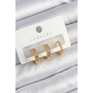 Pirinç Zirkon Taşlı Halka Model Gold Renk 3lü Çift Kadın Küpe Set
