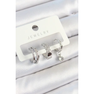 Pirinç Zirkon Taşlı Halka Model Gümüş Renk 3lü Çift Kadın Küpe Set - TJ-BKP10800