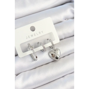 Pirinç Zirkon Taşlı Kalp Model Gümüş Renk 3lü Çift Kadın Küpe Set - TJ-BKP10794