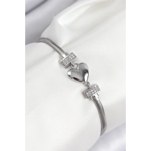 Pirinç Zirkon Taşlı Kalp Model Gümüş Renk Kadın Bileklik