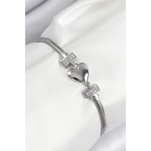 Pirinç Zirkon Taşlı Kalp Model Gümüş Renk Kadın Bileklik - TJ-BB7900