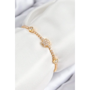 Pirinç Zirkon Taşlı Kar Tanesi Model Gold Renk Asansörlü Kadın Bileklik - TJ-BB7723