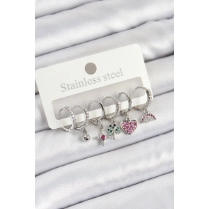 Pirinç Zirkon Taşlı Karpuz Yonca Kalp Pusula Karışık Model Gümüş Renk 6lı Set Kadın Küpe - TJ-BKP10757