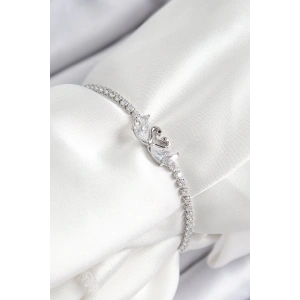 Pirinç Zirkon Taşlı Kuğu Model Gümüş Renk Asansörlü Kadın Bileklik - TJ-BB7463