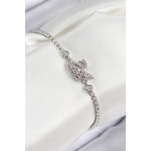 Pirinç Zirkon Taşlı Kuğu Model Gümüş Renk Kadın Bileklik